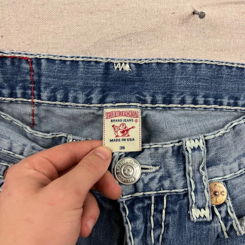 True Religion Joey‎ Super T Jeans Mens 36 Blue Distressed Flare Twisted Seam Low